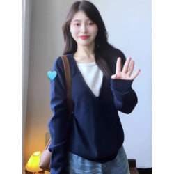 藍色假兩件針織衫上衣女2025新款早秋季設計感慵懶學院風長袖毛衣
