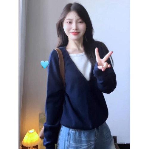 藍色假兩件針織衫上衣女2025新款早秋季設計感慵懶學院風長袖毛衣