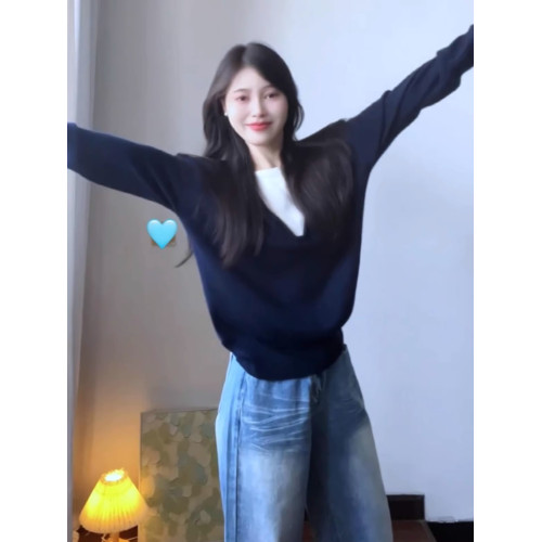 藍色假兩件針織衫上衣女2025新款早秋季設計感慵懶學院風長袖毛衣