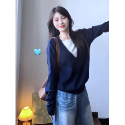 藍色假兩件針織衫上衣女2025新款早秋季設計感慵懶學院風長袖毛衣