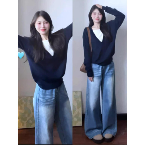 藍色假兩件針織衫上衣女2025新款早秋季設計感慵懶學院風長袖毛衣