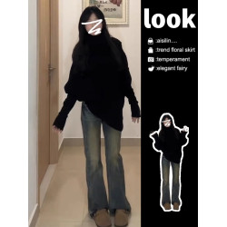 黑色高領慵懶風毛衣女厚秋冬季2025新款不規則內搭打底針織衫上衣