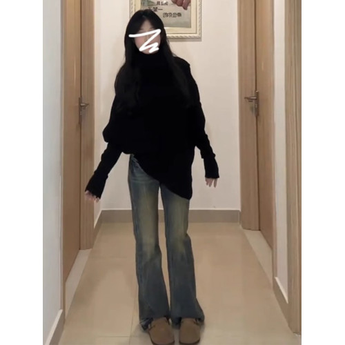 黑色高領慵懶風毛衣女厚秋冬季2025新款不規則內搭打底針織衫上衣