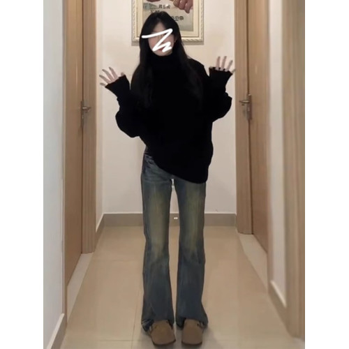 黑色高領慵懶風毛衣女厚秋冬季2025新款不規則內搭打底針織衫上衣