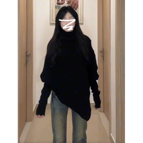 黑色高領慵懶風毛衣女厚秋冬季2025新款不規則內搭打底針織衫上衣