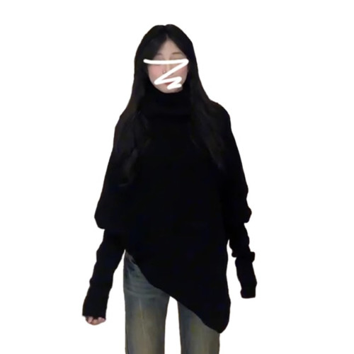 黑色高領慵懶風毛衣女厚秋冬季2025新款不規則內搭打底針織衫上衣