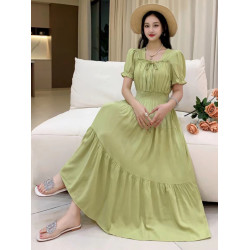 法式復古遮肚子連衣裙洋氣減齡碎花長裙棉綢方領人造棉溫柔風高腰