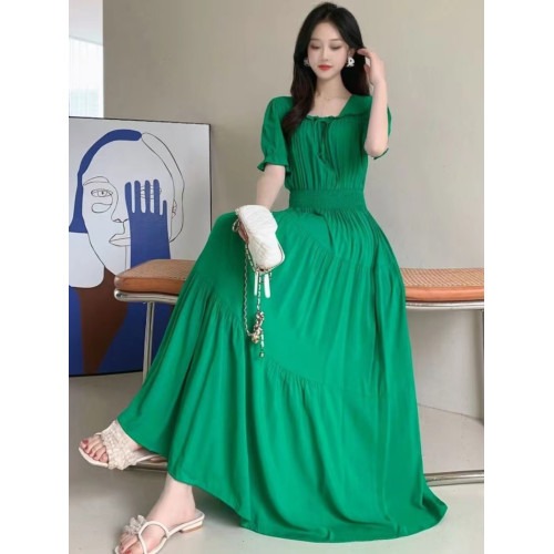 法式復古遮肚子連衣裙洋氣減齡碎花長裙棉綢方領人造棉溫柔風高腰