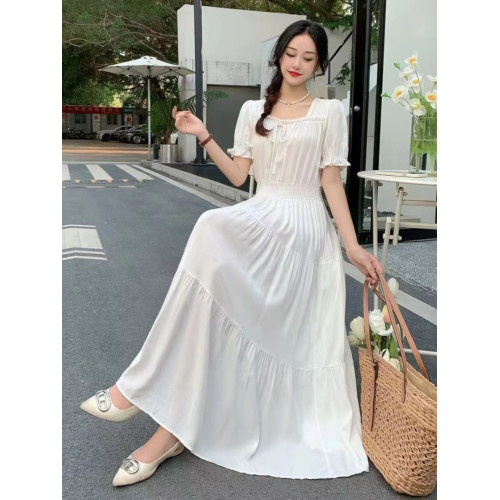 法式復古遮肚子連衣裙洋氣減齡碎花長裙棉綢方領人造棉溫柔風高腰