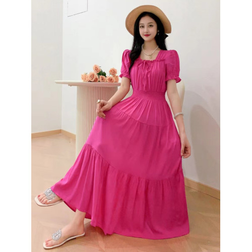 法式復古遮肚子連衣裙洋氣減齡碎花長裙棉綢方領人造棉溫柔風高腰