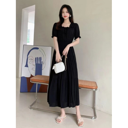 法式復古遮肚子連衣裙洋氣減齡碎花長裙棉綢方領人造棉溫柔風高腰