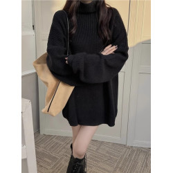 慵懶風高領毛衣女秋冬季加厚外穿復古寬松純色簡約百搭針織衫上衣