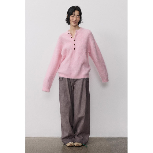 高級感粉色亨利領水貂絨毛衣女外穿針織衫上衣女新款慵懶風套頭 高級感粉色亨利領水貂絨毛衣女外穿針織衫上衣女新款慵懶風套頭