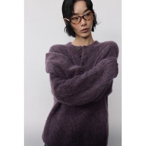 高級感粉色亨利領水貂絨毛衣女外穿針織衫上衣女新款慵懶風套頭 高級感粉色亨利領水貂絨毛衣女外穿針織衫上衣女新款慵懶風套頭