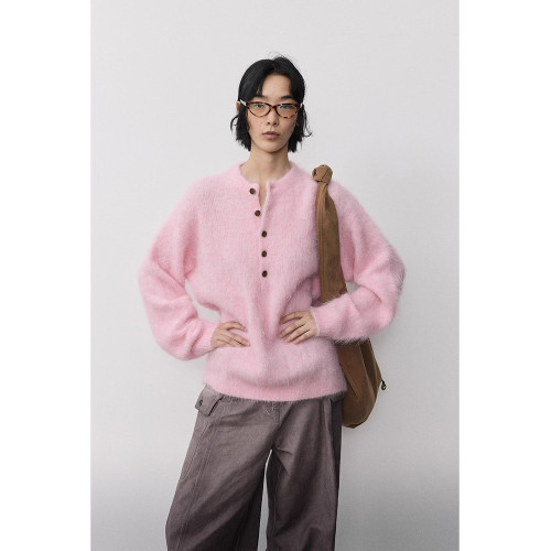 高級感粉色亨利領水貂絨毛衣女外穿針織衫上衣女新款慵懶風套頭 高級感粉色亨利領水貂絨毛衣女外穿針織衫上衣女新款慵懶風套頭