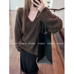 灰色v領毛衣女套頭2025秋冬新款慵懶高級感寬松外穿中長款針織衫