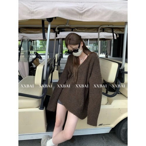 灰色v領毛衣女套頭2025秋冬新款慵懶高級感寬松外穿中長款針織衫