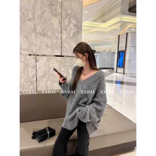 灰色v領毛衣女套頭2025秋冬新款慵懶高級感寬松外穿中長款針織衫