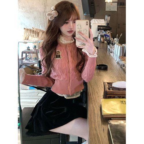 刺綉小熊短款毛衣外套女收腰2024秋季新款學院風修身麻花針織開衫