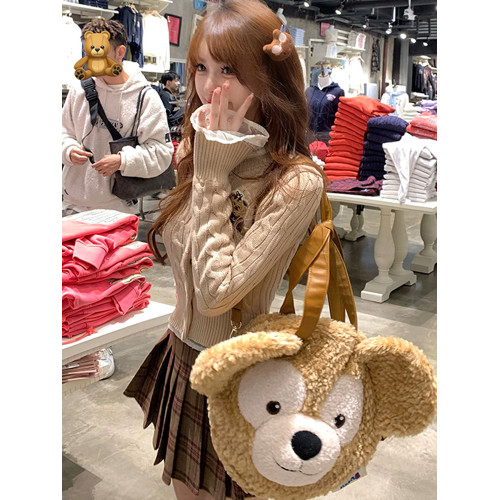 刺綉小熊短款毛衣外套女收腰2024秋季新款學院風修身麻花針織開衫