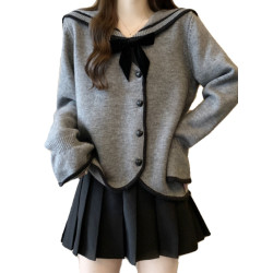 灰色海軍領蝴蝶結毛衣外套女早秋裝大碼胖mm不規則學院風針織開衫
