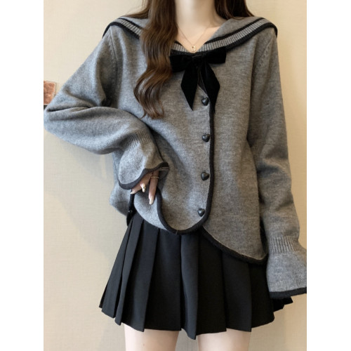 灰色海軍領蝴蝶結毛衣外套女早秋裝大碼胖mm不規則學院風針織開衫