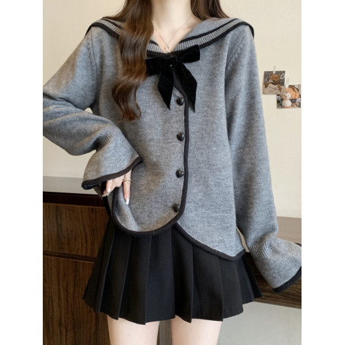 灰色海軍領蝴蝶結毛衣外套女早秋裝大碼胖mm不規則學院風針織開衫