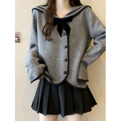 灰色海軍領蝴蝶結毛衣外套女早秋裝大碼胖mm不規則學院風針織開衫