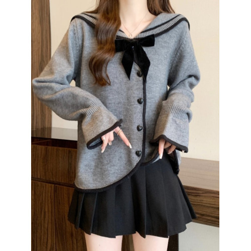 灰色海軍領蝴蝶結毛衣外套女早秋裝大碼胖mm不規則學院風針織開衫