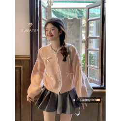 甜美粉色花邊拼接毛衣開衫女秋季2025新款蝴蝶結寬鬆短款針織上衣