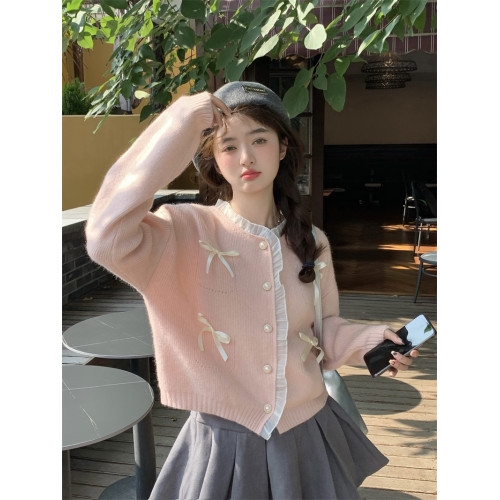 甜美粉色花邊拼接毛衣開衫女秋季2025新款蝴蝶結寬鬆短款針織上衣