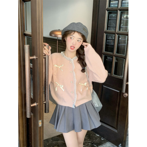 甜美粉色花邊拼接毛衣開衫女秋季2025新款蝴蝶結寬鬆短款針織上衣