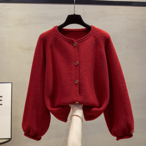 圓領毛衣外套女2026春秋新款寬鬆慵懶風外穿加厚上衣洋氣針織開衫