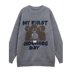 慵懶風長袖毛衣女裝秋季2025新款小熊提花寬松中長款外穿針織上衣