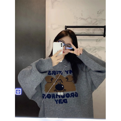 慵懶風長袖毛衣女裝秋季2025新款小熊提花寬松中長款外穿針織上衣