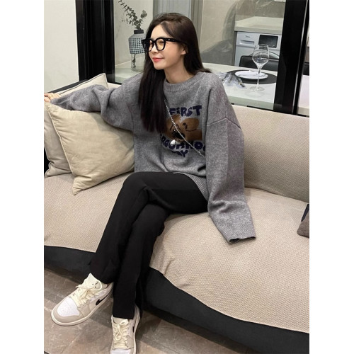 慵懶風長袖毛衣女裝秋季2025新款小熊提花寬松中長款外穿針織上衣