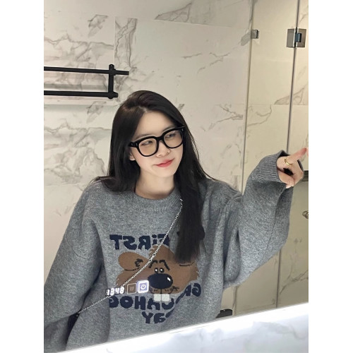 慵懶風長袖毛衣女裝秋季2025新款小熊提花寬松中長款外穿針織上衣