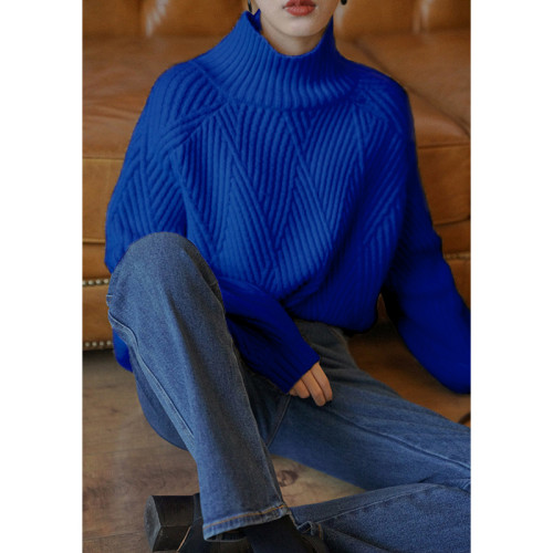 高領套頭針織衫新款法式復古寬松慵懶風毛衣克萊因藍軟糯上衣女秋