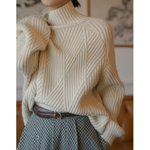 高領套頭針織衫新款法式復古寬松慵懶風毛衣克萊因藍軟糯上衣女秋