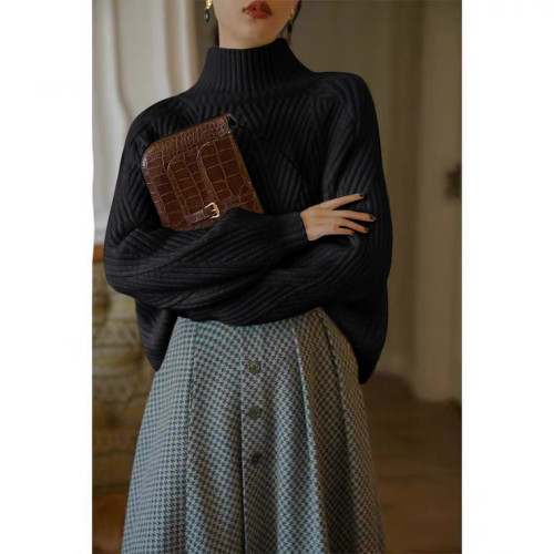 高領套頭針織衫新款法式復古寬松慵懶風毛衣克萊因藍軟糯上衣女秋