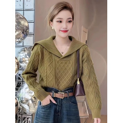 大翻領復古毛衣女春秋冬高腰短款小個子軟糯套頭海軍領長袖針織衫