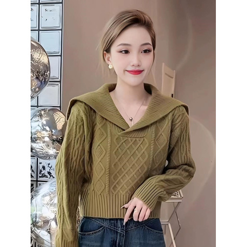 大翻領復古毛衣女春秋冬高腰短款小個子軟糯套頭海軍領長袖針織衫