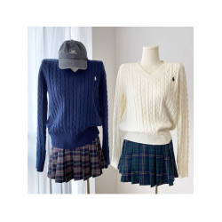 爆款callmeear//奶油麻花復古刺綉V領長袖針織毛衣初秋套頭女上衣