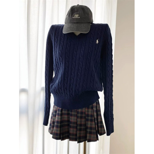 爆款callmeear//奶油麻花復古刺綉V領長袖針織毛衣初秋套頭女上衣