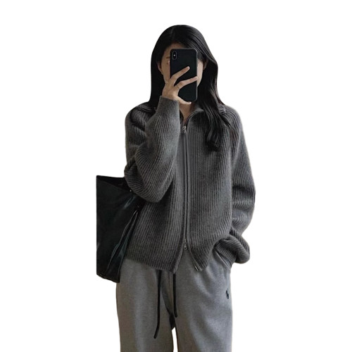 灰色拉鍊高領毛衣女秋冬季2025新款爆款內搭慵懶針織開衫外套上衣 灰色拉鍊高領毛衣女秋冬季2025新款爆款內搭慵懶針織開衫外套上衣