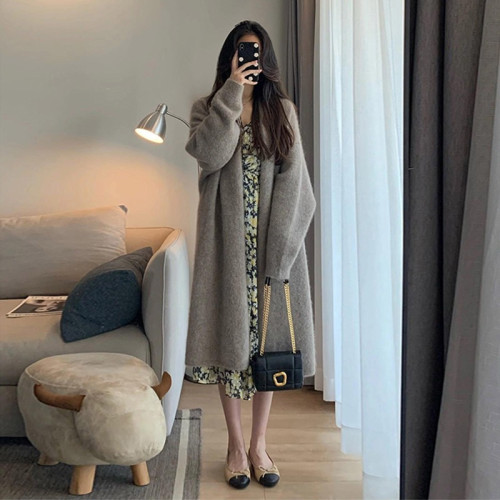 2024秋冬新款毛衣女寬松慵懶風針織加厚早秋開衫中長款過膝長外套