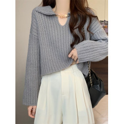 娃娃領白色短款毛衣女秋冬冬設計感內搭v領義烏小個子針織衫上衣