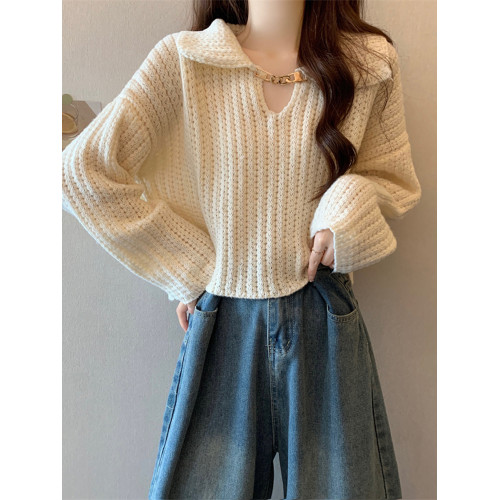 娃娃領白色短款毛衣女秋冬冬設計感內搭v領義烏小個子針織衫上衣