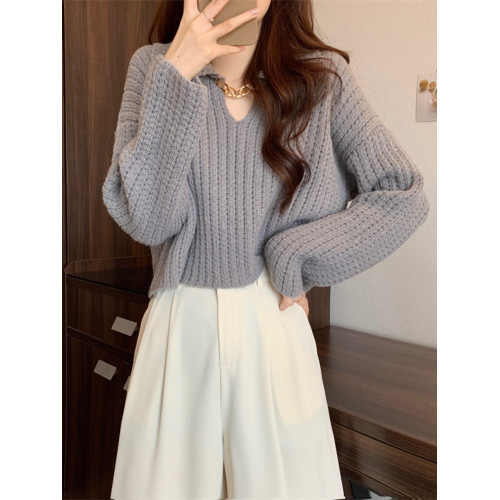 娃娃領白色短款毛衣女秋冬冬設計感內搭v領義烏小個子針織衫上衣