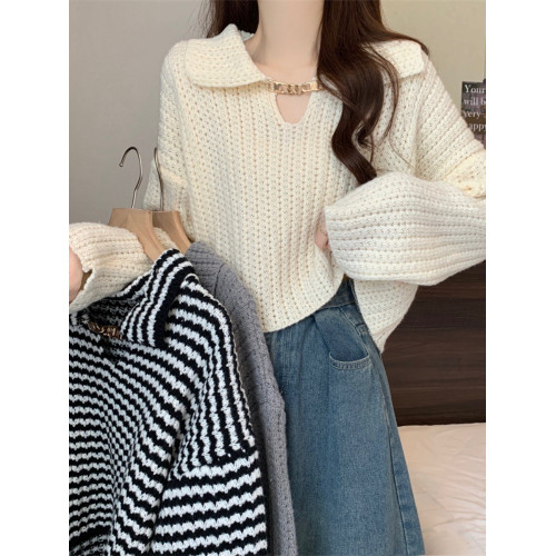 娃娃領白色短款毛衣女秋冬冬設計感內搭v領義烏小個子針織衫上衣